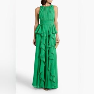 NWT Badgley Mischka Crochet-trimmed ruffled crepe midi dress size 14